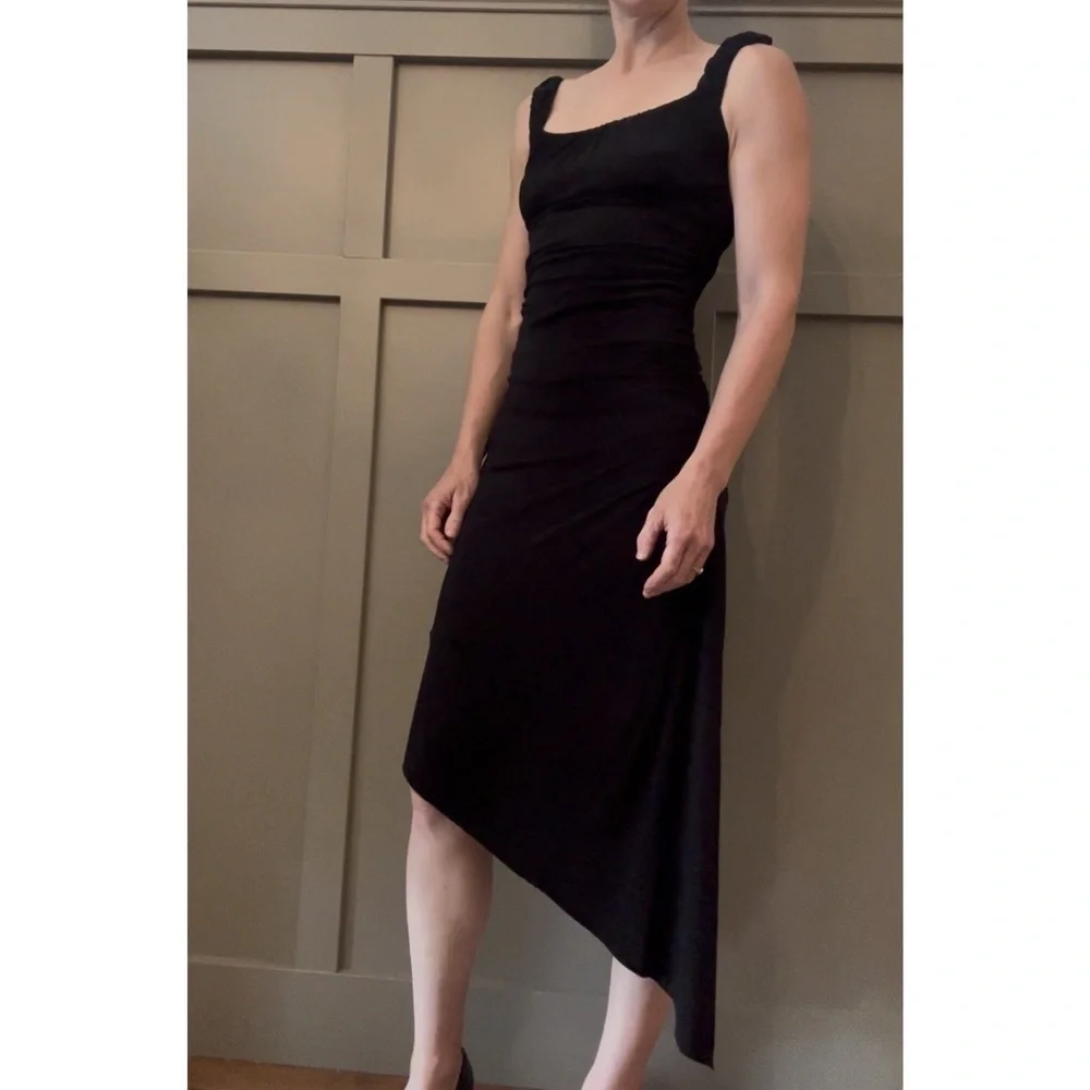 BCBGMaxAzria Black Ruched Dress Cocktail Formal Asymmetric Hem Size XS - Picture 2 of 12